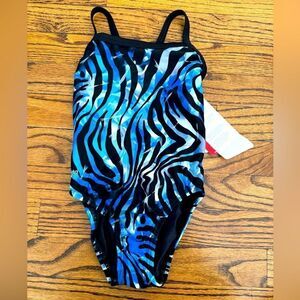 NWT New SPEEDO Endurance+ Flyback Racing Swimsuit Black Blue Sz 22 Girls 4 5 6